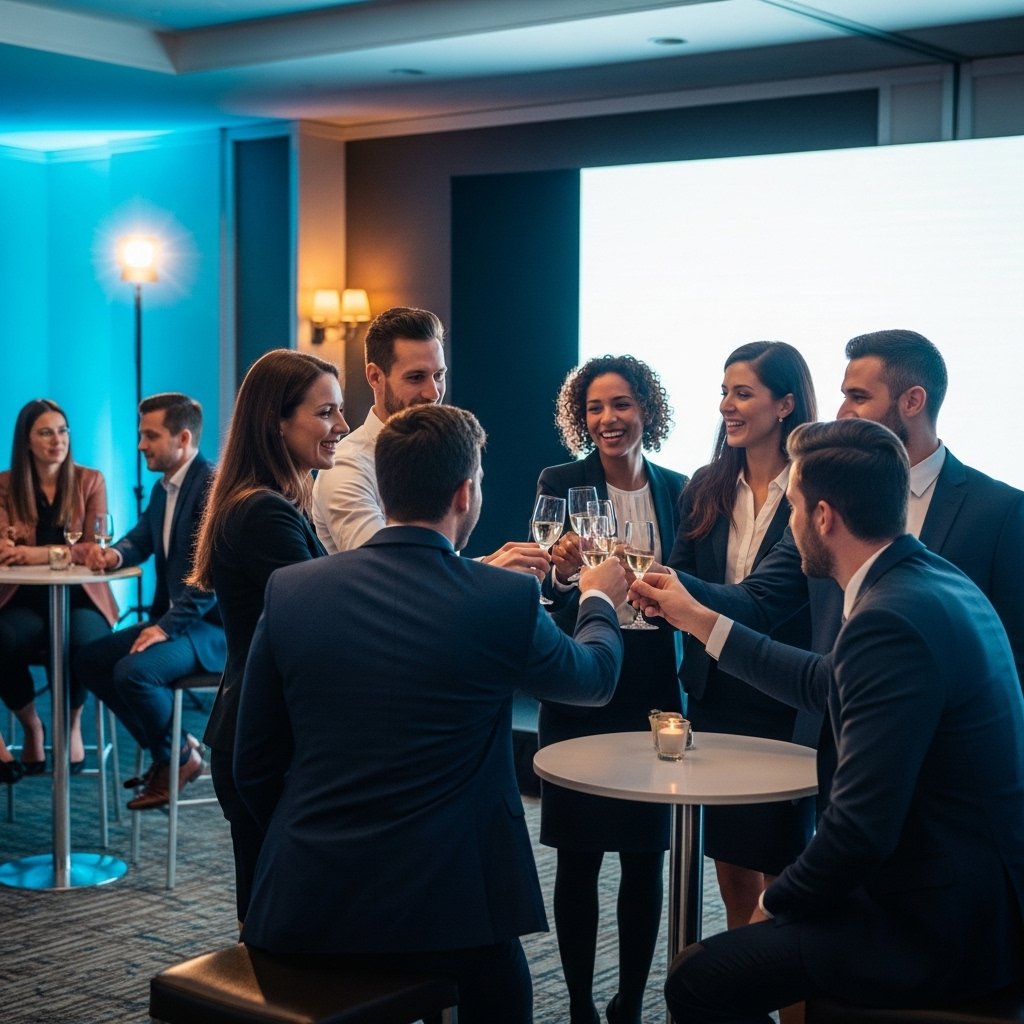 Ultra-realistic corporate event celebration photo, 16:9. A group of coworkers in business attire gathered for a team moment—smiling, laughing, and clinking glasses near a branded-looking step-and-repeat backdrop that is plain/blank (no logos, no text). Soft uplighting in blue/teal, warm ambient lighting, elegant venue setting. Some people seated at nearby cocktail tables in the background. Camera: professional event photography, DSLR look, 50mm lens, f/2.0, sharp faces, natural candid expressions, realistic skin and fabric textures, clean premium color. No text, no logos, no watermark.